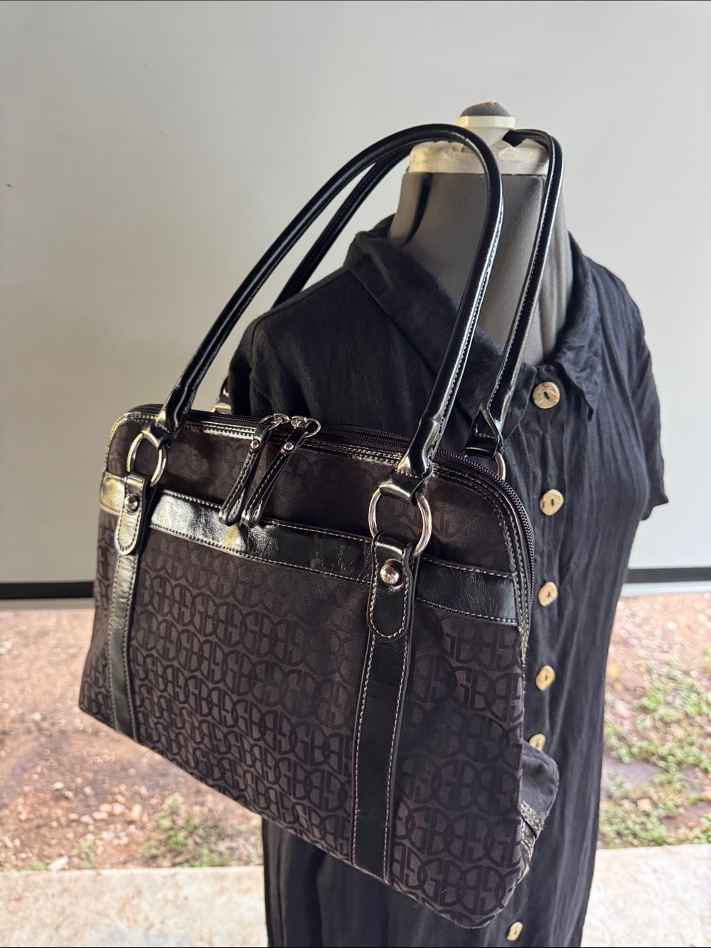 Structured Black Patterned Shoulder Bag with Gloss Trim